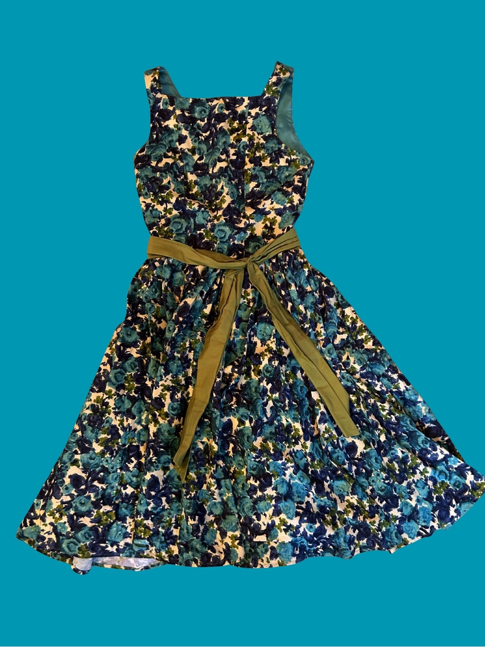 Pinup Couture Teal Blue Green Floral Fit-and-Flare Dress with Olive Sash